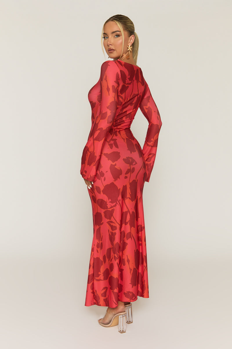 Red Floral Print Flare Sleeve Maxi Dress - Monaco