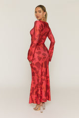 Red Floral Print Flare Sleeve Maxi Dress - Monaco
