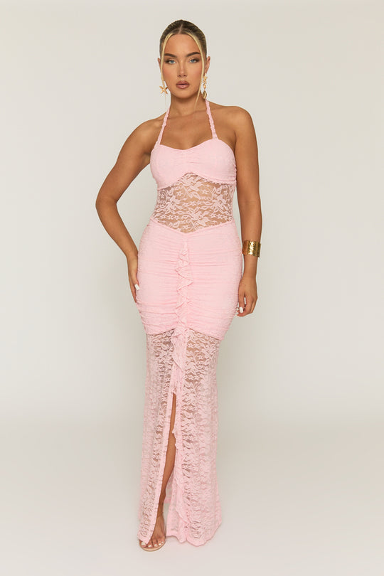 Pink Lace Ruffle Front Maxi Dress - Seol