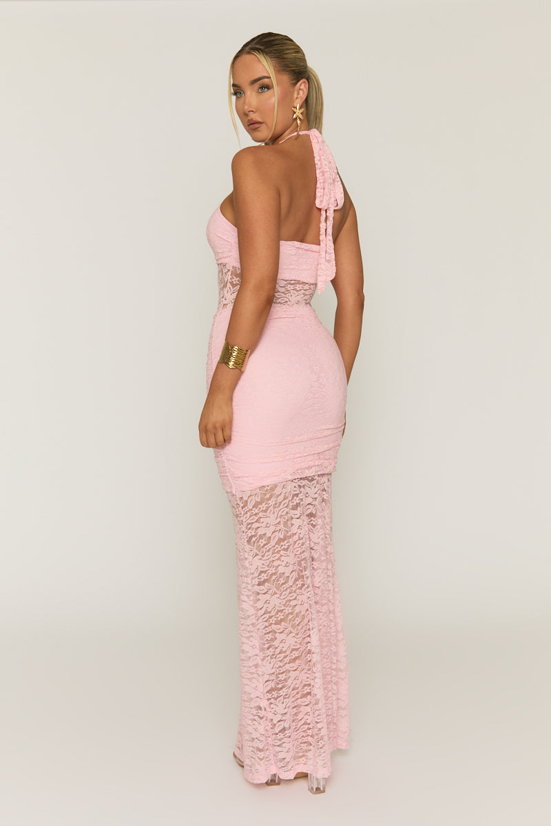 Pink Lace Ruffle Front Maxi Dress - Seol