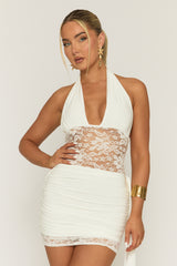 White Lace Insert Tie Side Mini Dress - Cannes