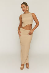 Beige Crinkle Asymmetric Top and Maxi Skirt Co-ord Set - Vegas