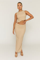 Beige Crinkle Asymmetric Top and Maxi Skirt Co-ord Set - Vegas