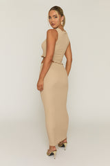 Beige Crinkle Asymmetric Top and Maxi Skirt Co-ord Set - Vegas