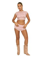 Cream Lace Frill Detail Crop Top & shorts Co-ord Set - Camalia