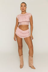 Pink Lace Frill Detail Crop Top & shorts Co-ord Set - Camalia
