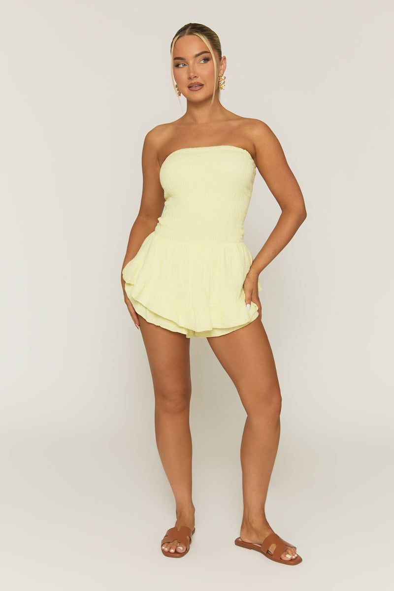 Butter Yellow Shirred Textured Ruffle Playsuit - Annie