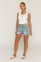 Blue Belted Distressed Stretch Denim Shorts - Sicily