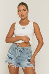 Blue Belted Distressed Stretch Denim Shorts - Sicily