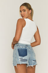 Blue Belted Distressed Stretch Denim Shorts - Sicily