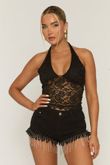 Black Fringe Diamante Denim Shorts - Etty