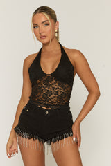 Black Semi Sheer Halter Neck Lace Top - London