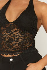 Black Semi Sheer Halter Neck Lace Top - London