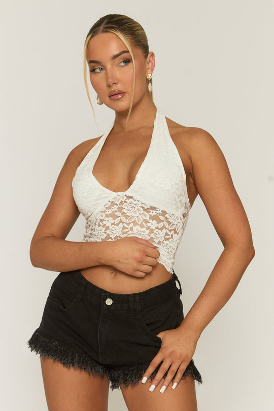 White Semi Sheer Halter Neck Lace Top - London
