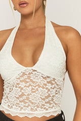 White Semi Sheer Halter Neck Lace Top - London