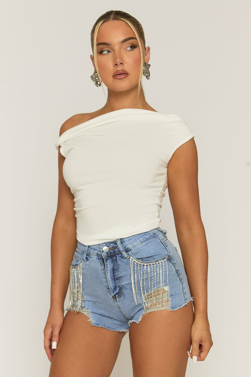 Blue Distressed Denim Fringe Diamante Shorts - Ellece