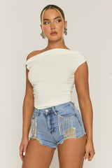 Blue Distressed Denim Fringe Diamante Shorts - Ellece