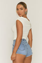 Blue Distressed Denim Fringe Diamante Shorts - Ellece