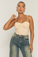 Beige Ruched Front Padded Bust Bodysuit - Budapest