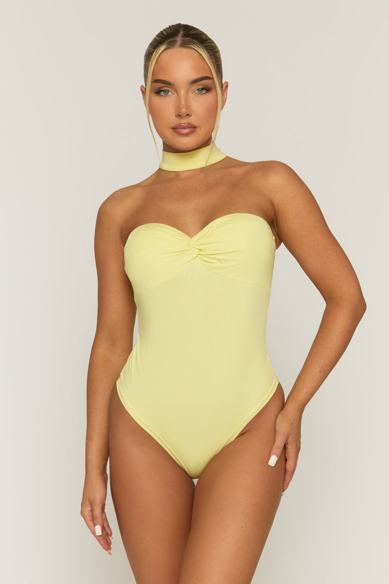 Yellow Ruched Bust Choker Detail Bodysuit - Singapore