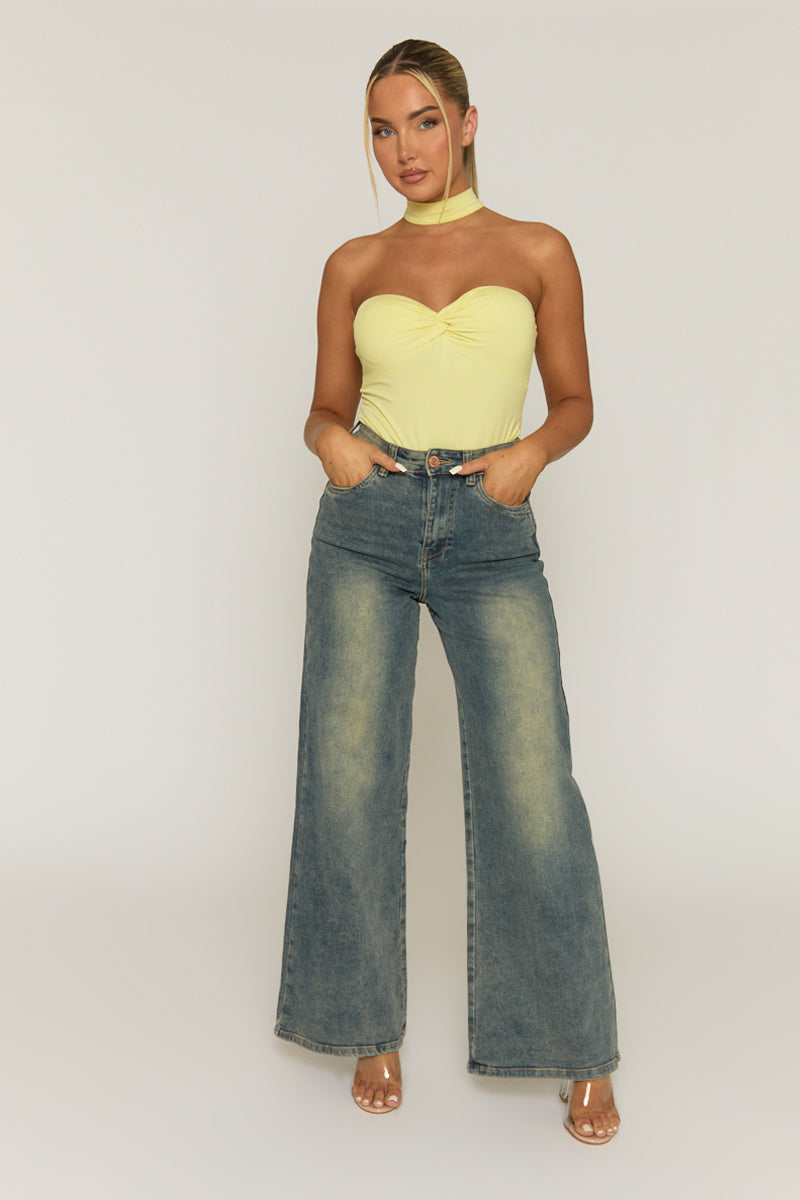 Yellow Ruched Bust Choker Detail Bodysuit - Singapore