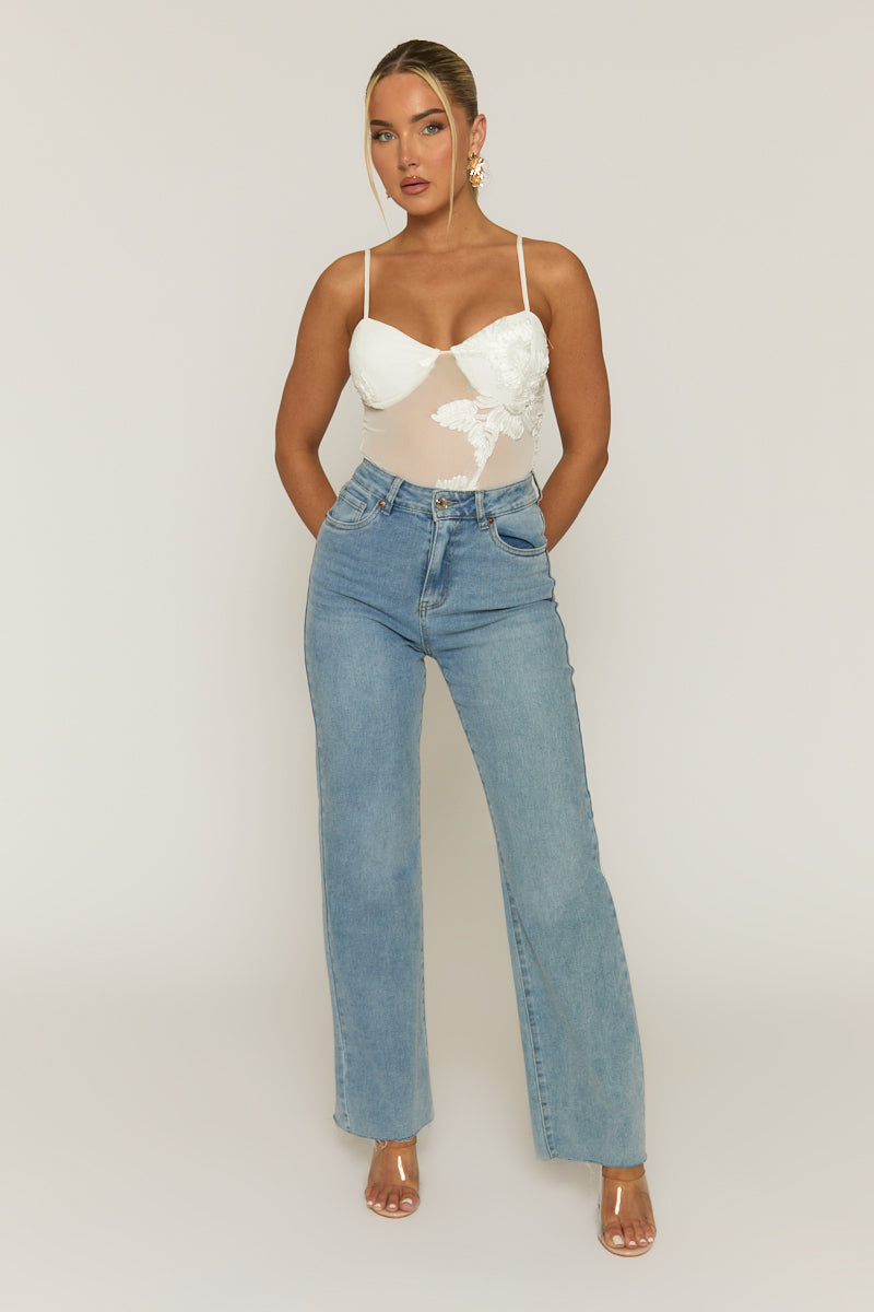 White Floral Embroidered Mesh Bodysuit - Rouen
