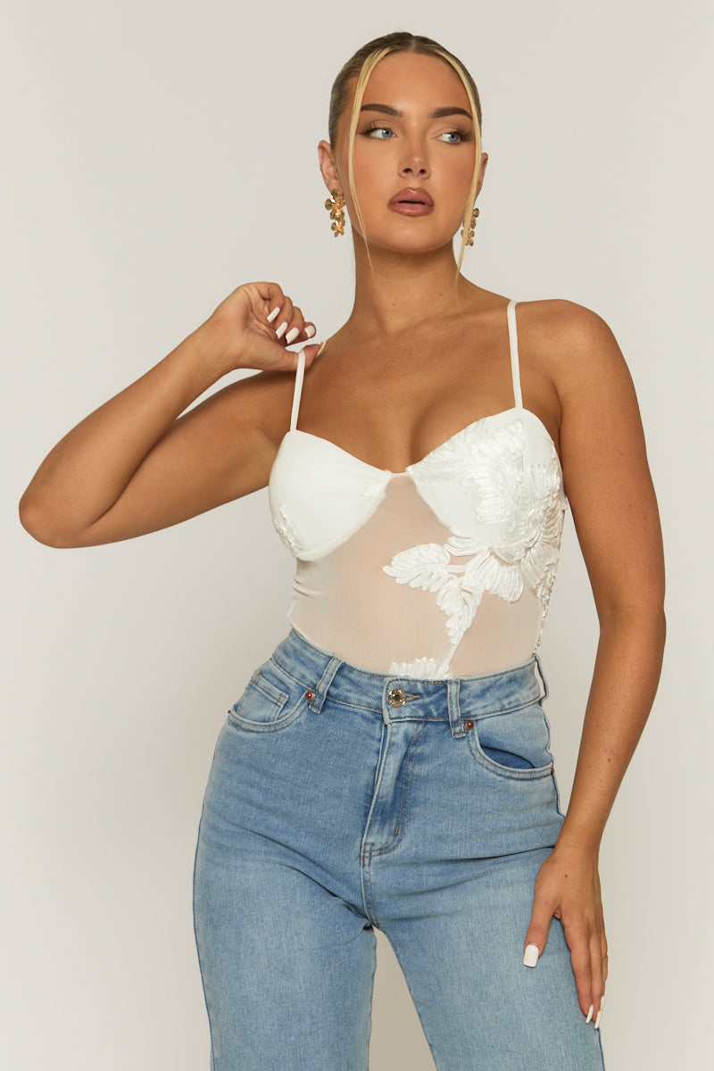 White Floral Embroidered Mesh Bodysuit - Rouen
