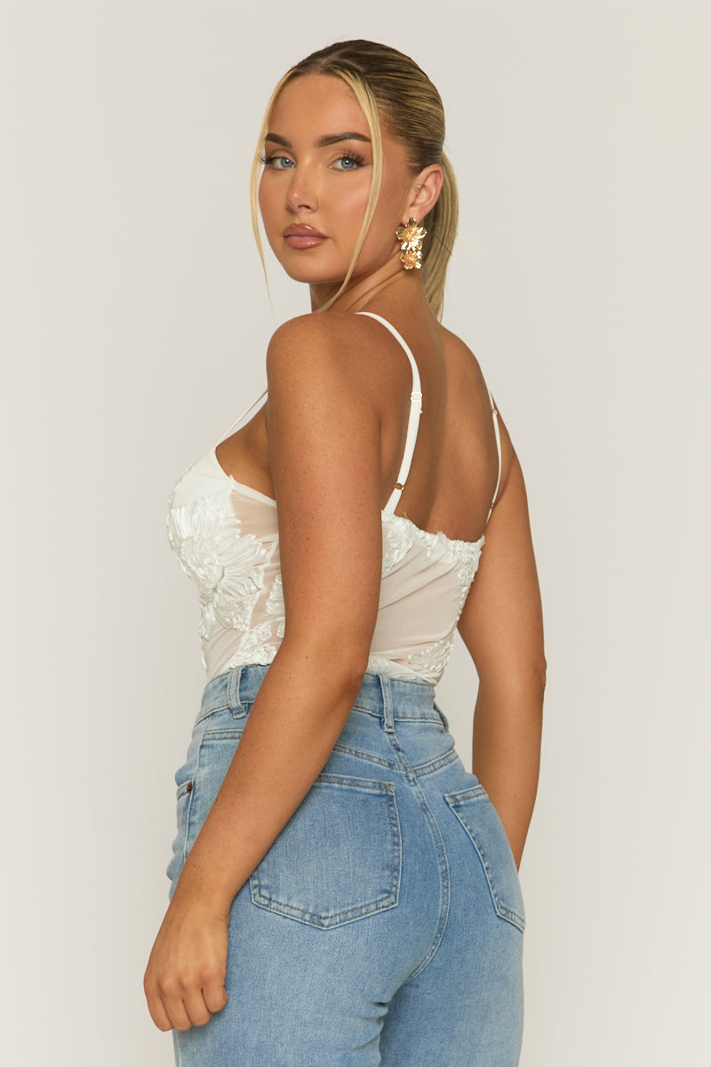 White Floral Embroidered Mesh Bodysuit - Rouen