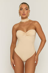 Beige Ruched Bust Choker Detail Bodysuit - Singapore