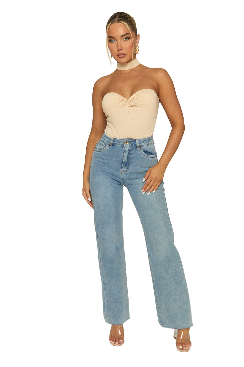 Beige Ruched Bust Choker Detail Bodysuit - Singapore