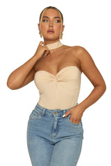 Beige Ruched Bust Choker Detail Bodysuit - Singapore