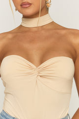 Beige Ruched Bust Choker Detail Bodysuit - Singapore