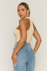 Beige Ruched Bust Choker Detail Bodysuit - Singapore