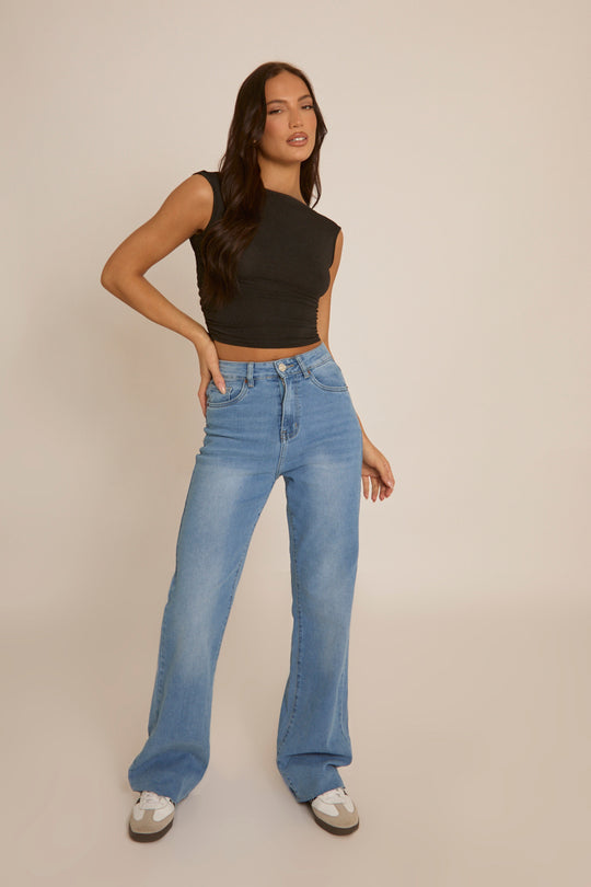 Blue Stretch Straight Leg Frayed Hem Jeans - Scarlett