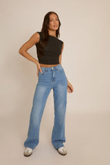 Blue Stretch Straight Leg Frayed Hem Jeans - Scarlett