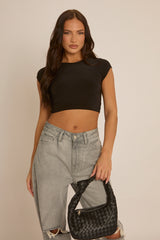 Black Slinky Open Back Crop Top - Alexandria