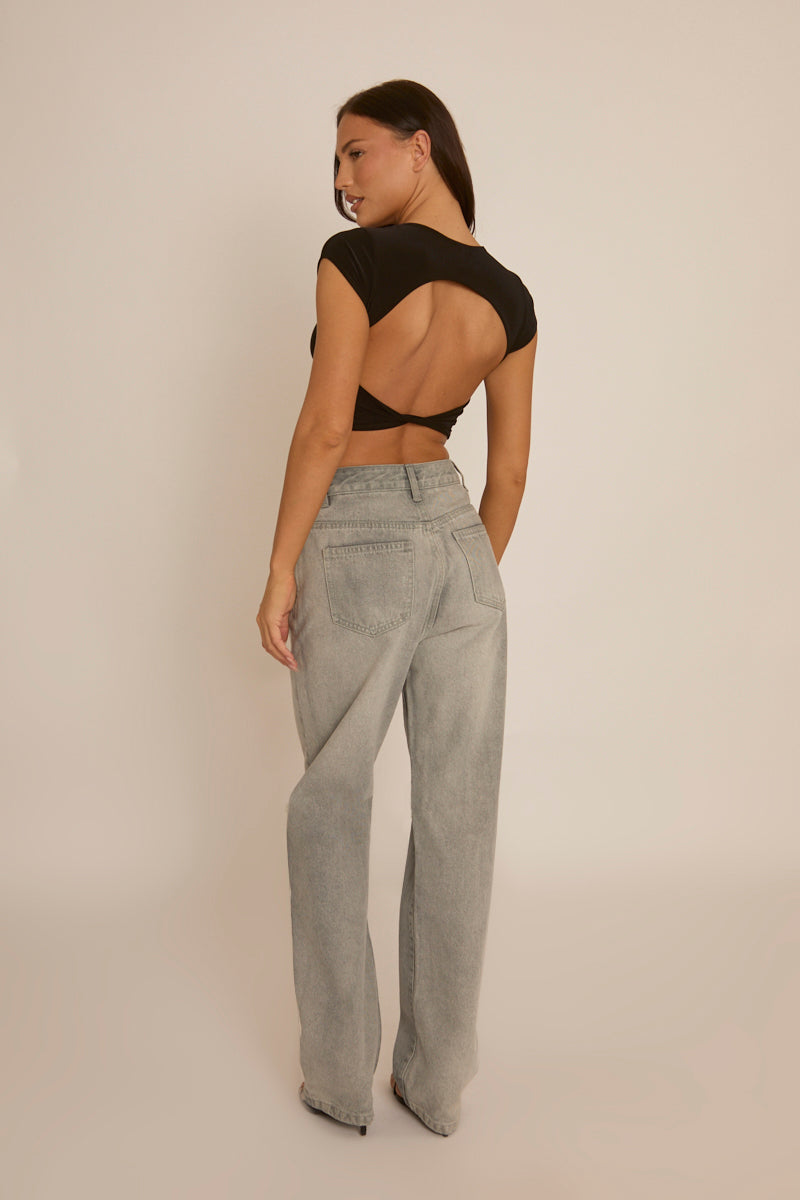 Black Slinky Open Back Crop Top - Alexandria