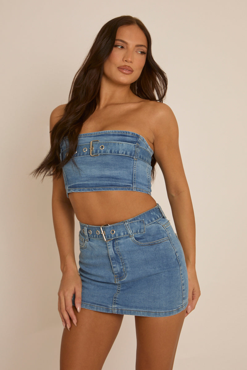 Blue Denim Bandeau Crop Top and Mini Skirt Co-Ord - Elianna
