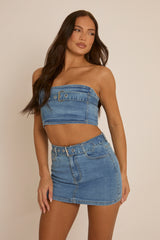 Blue Denim Bandeau Crop Top and Mini Skirt Co-Ord - Elianna