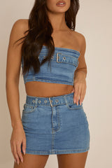 Blue Denim Bandeau Crop Top and Mini Skirt Co-Ord - Elianna