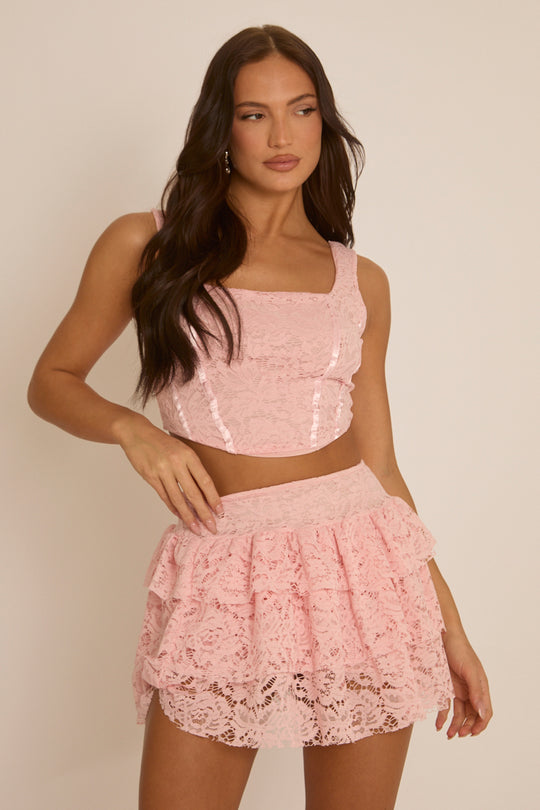Pink Lace Corset and Ruffle Mini Skirt Co-Ord- Ariel