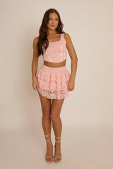 Pink Lace Corset and Ruffle Mini Skirt Co-Ord- Ariel