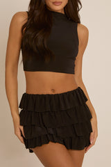Black Slinky Crop Top and Ruffle Mini Skirt Co-ord Set - Tracey
