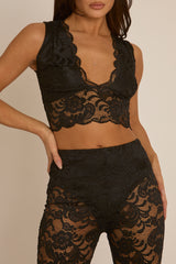 Black Lace Top and Kick flare Trouser Co-Ord Set - Uma