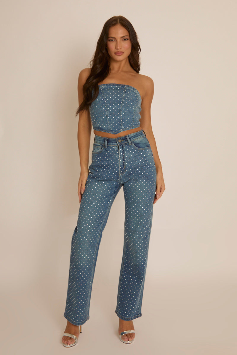 Blue Embellished Denim Jeans - Gabriela