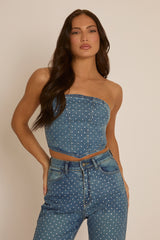 Blue Denim Diamante Embellished Corset Top - Elaina
