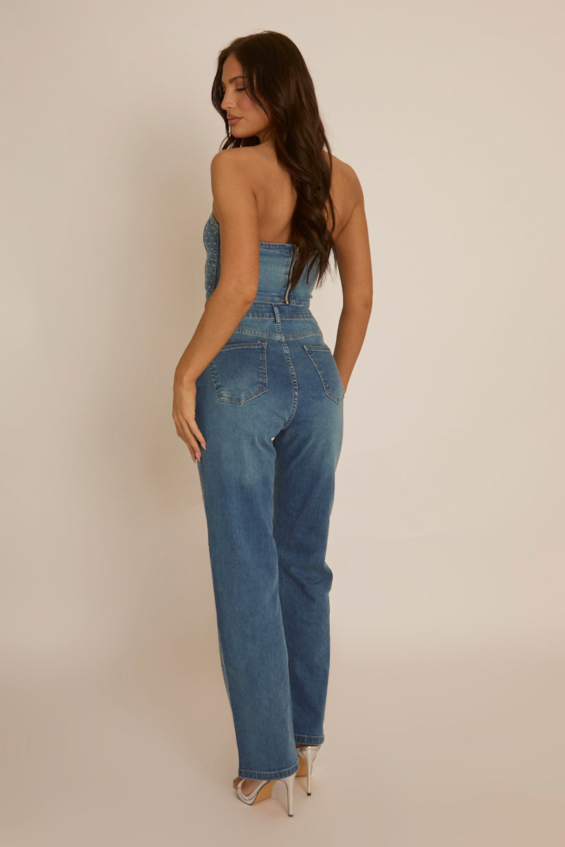 Blue Denim Diamante Embellished Corset Top - Elaina