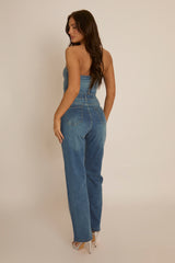 Blue Denim Diamante Embellished Corset Top - Elaina