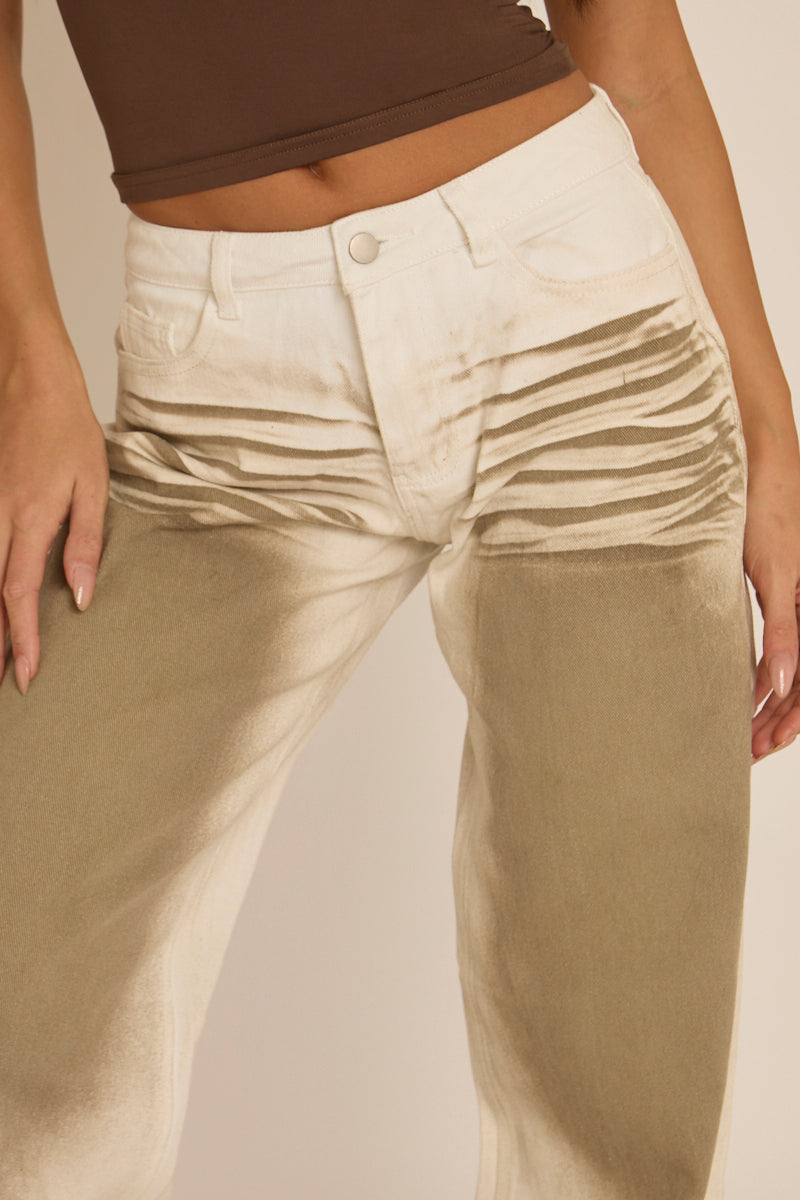 White Brown Spray Wash Low Rise Wide Leg Jeans - Heidi