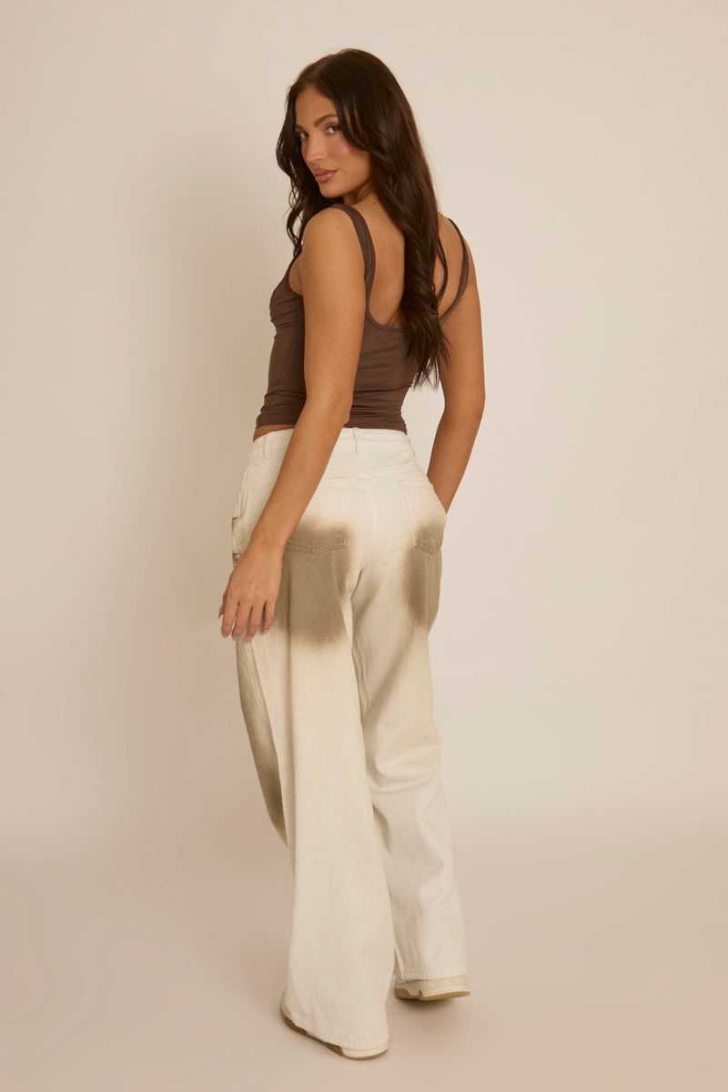 White Brown Spray Wash Low Rise Wide Leg Jeans - Heidi